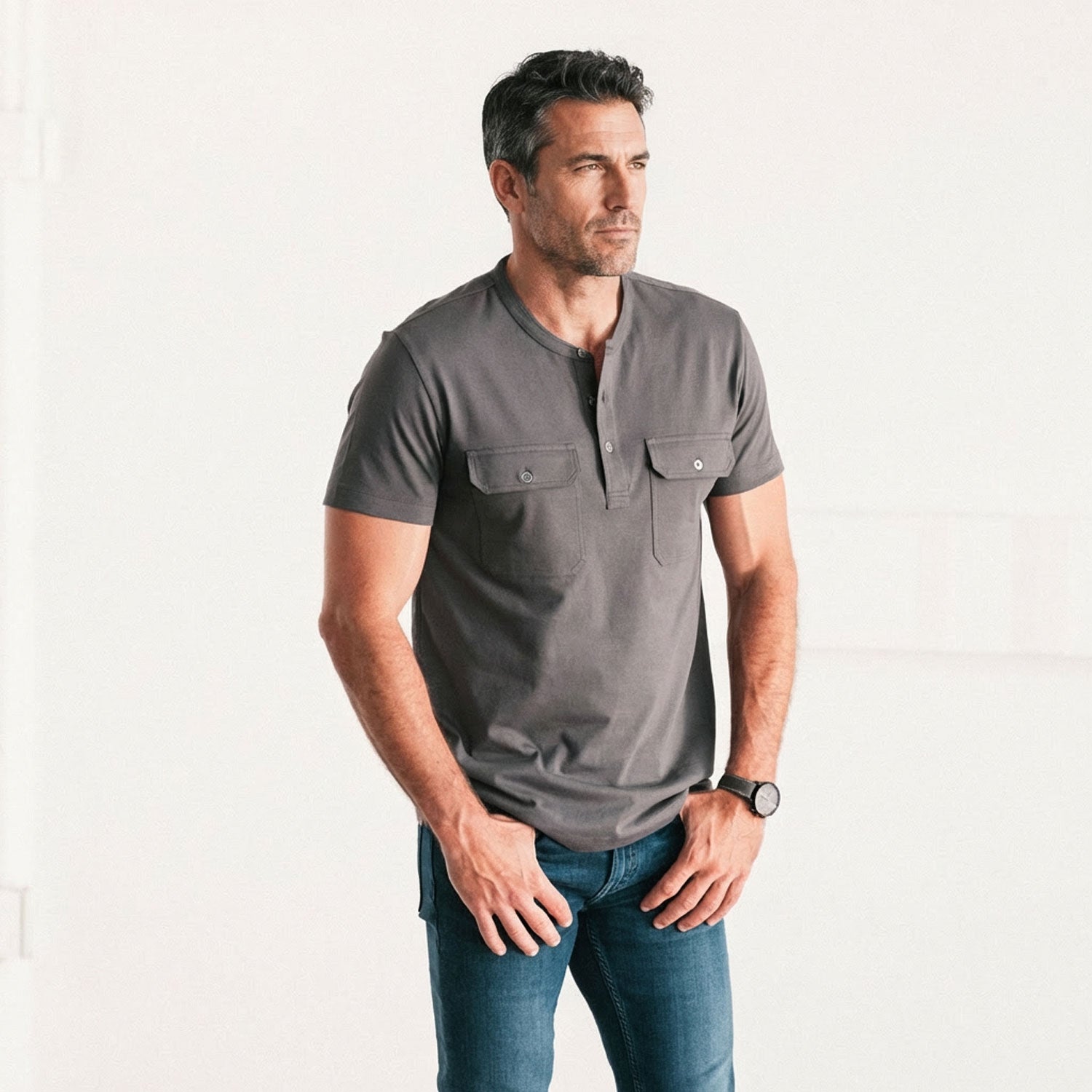 Constructor Short Sleeve Henley Shirt –  Slate Gray Cotton Jersey