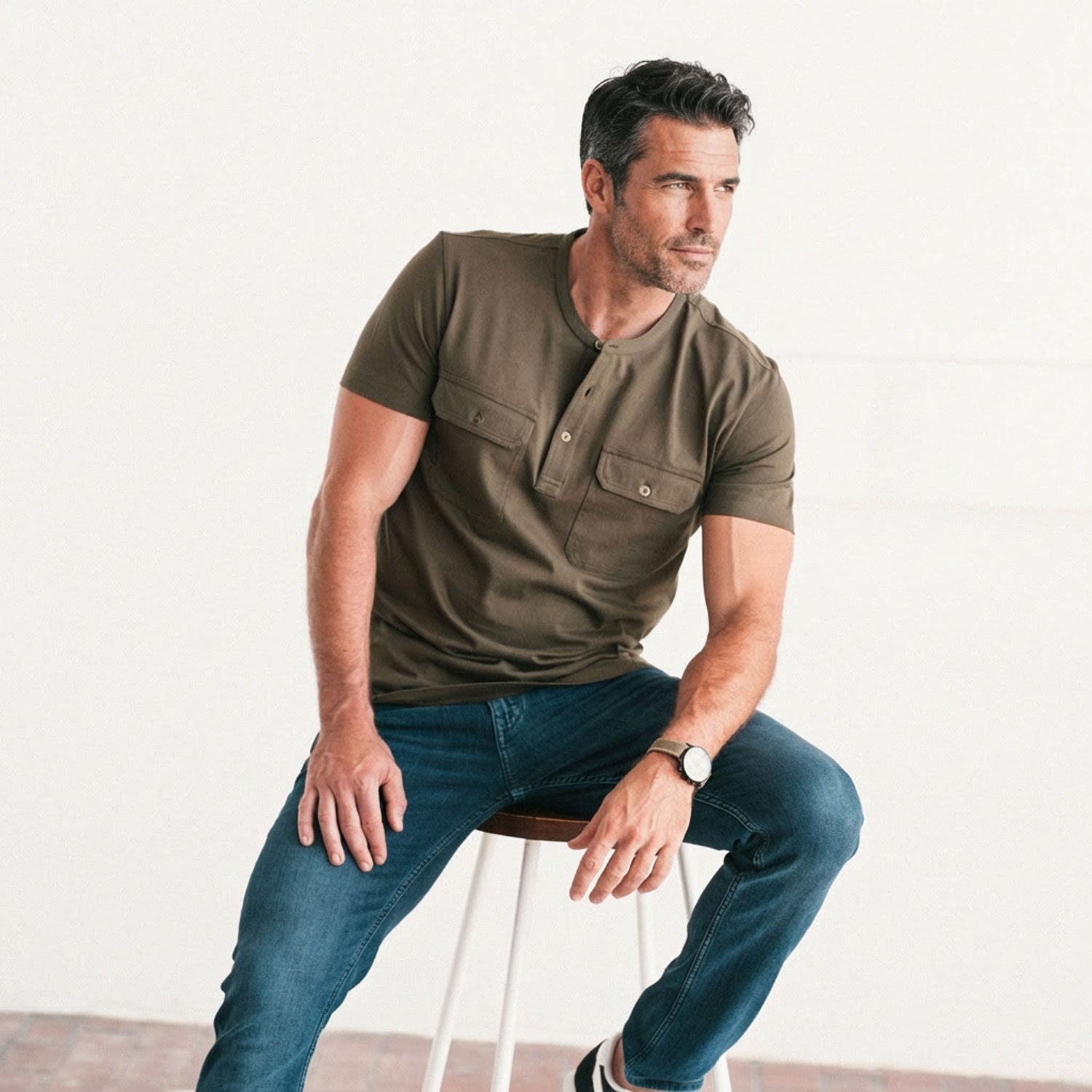 Constructor Short Sleeve Henley Shirt –  Olive Green Cotton Jersey
