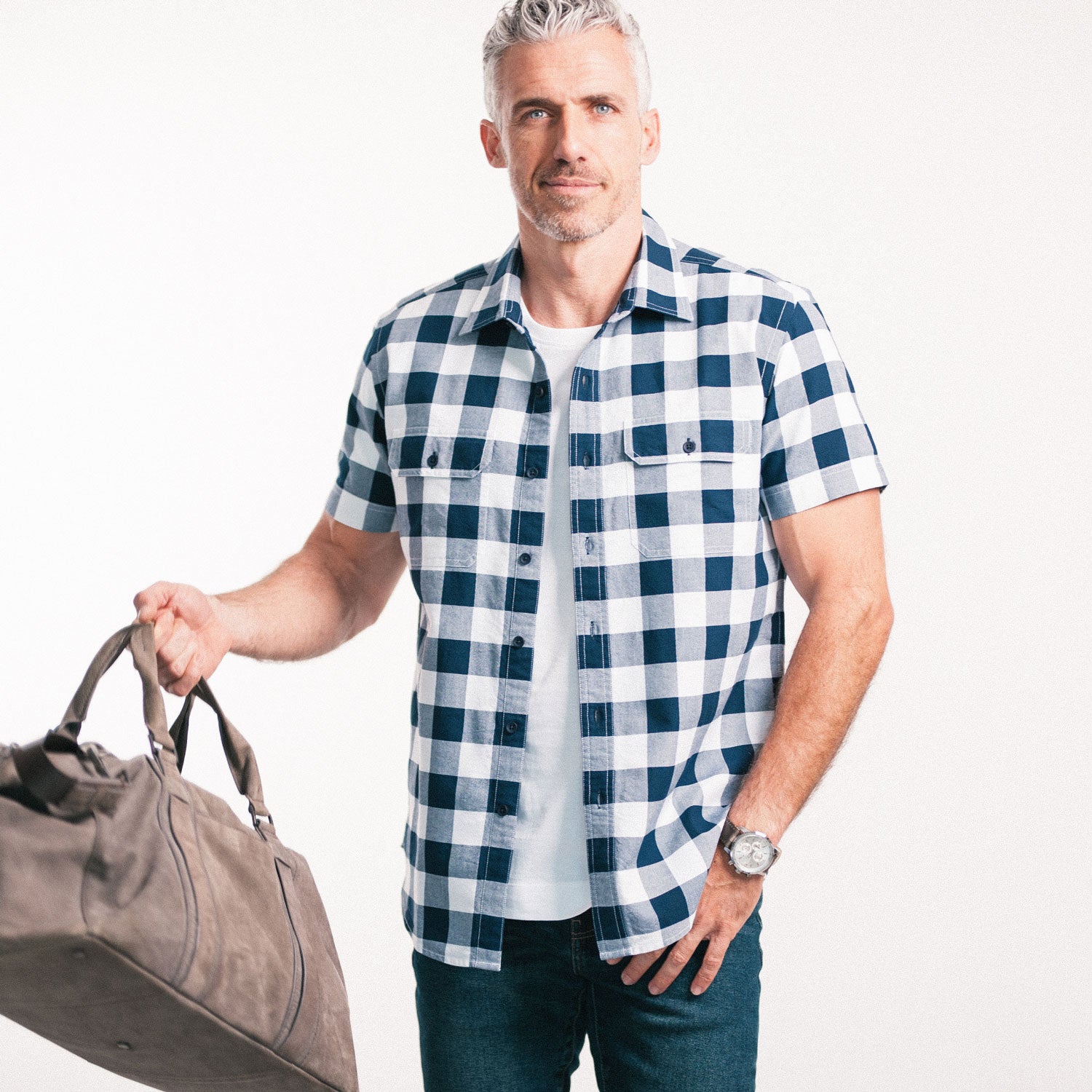 Constructor Short Sleeve Utility Shirt – Navy Cotton Oxford Check