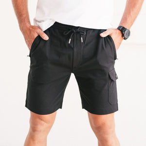 Batch Men's Constructor Short - Black Stretch Jersey Front Image On Body Close Up