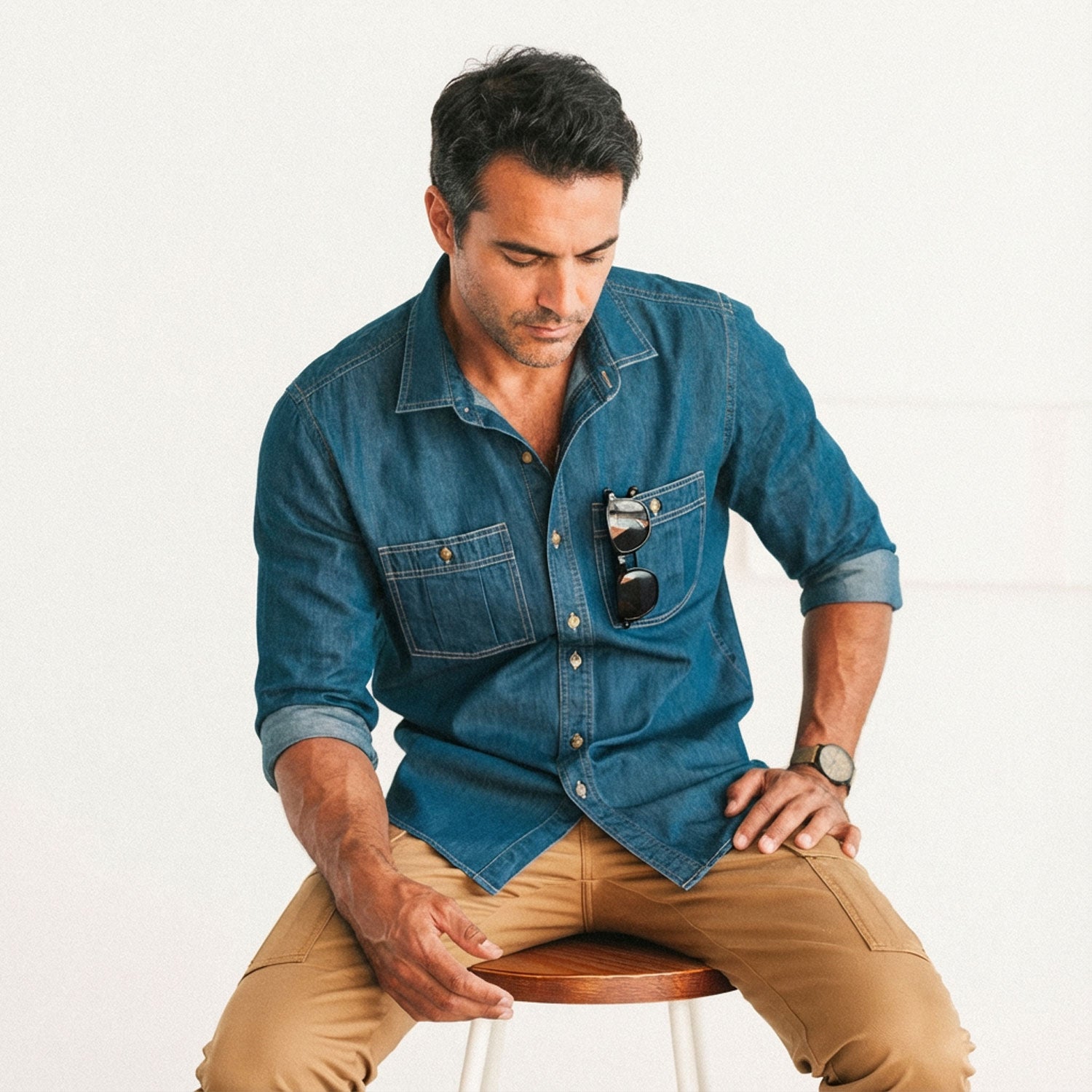 Men's Utility Shirt - Craftsman in Medium Blue Washed Denim Medium Men's Utility Shirt - Craftsman in Medium Blue Washed Denim Medium