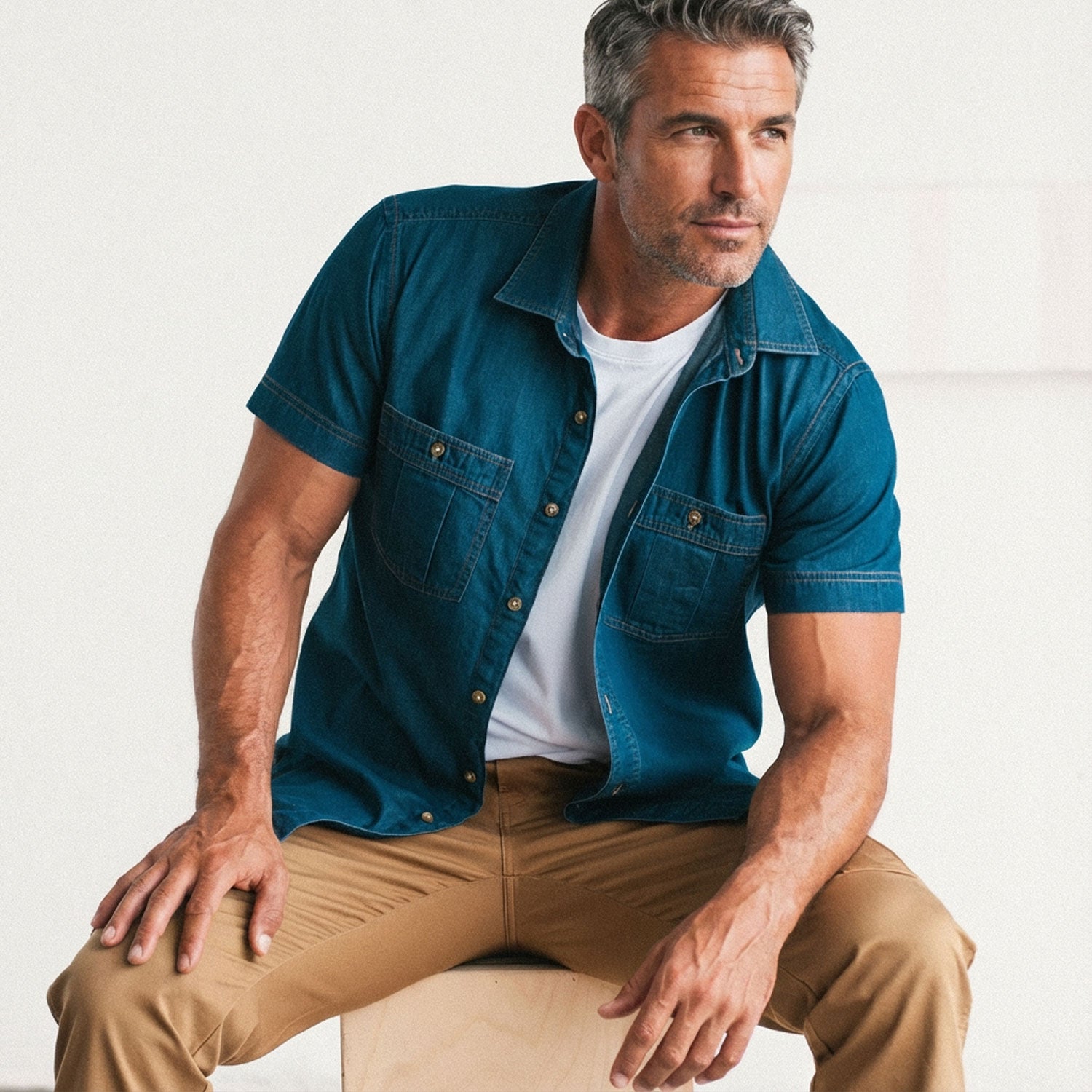 Craftsman Short Sleeve Utility Shirt – Medium Washed Indigo Cotton Denim