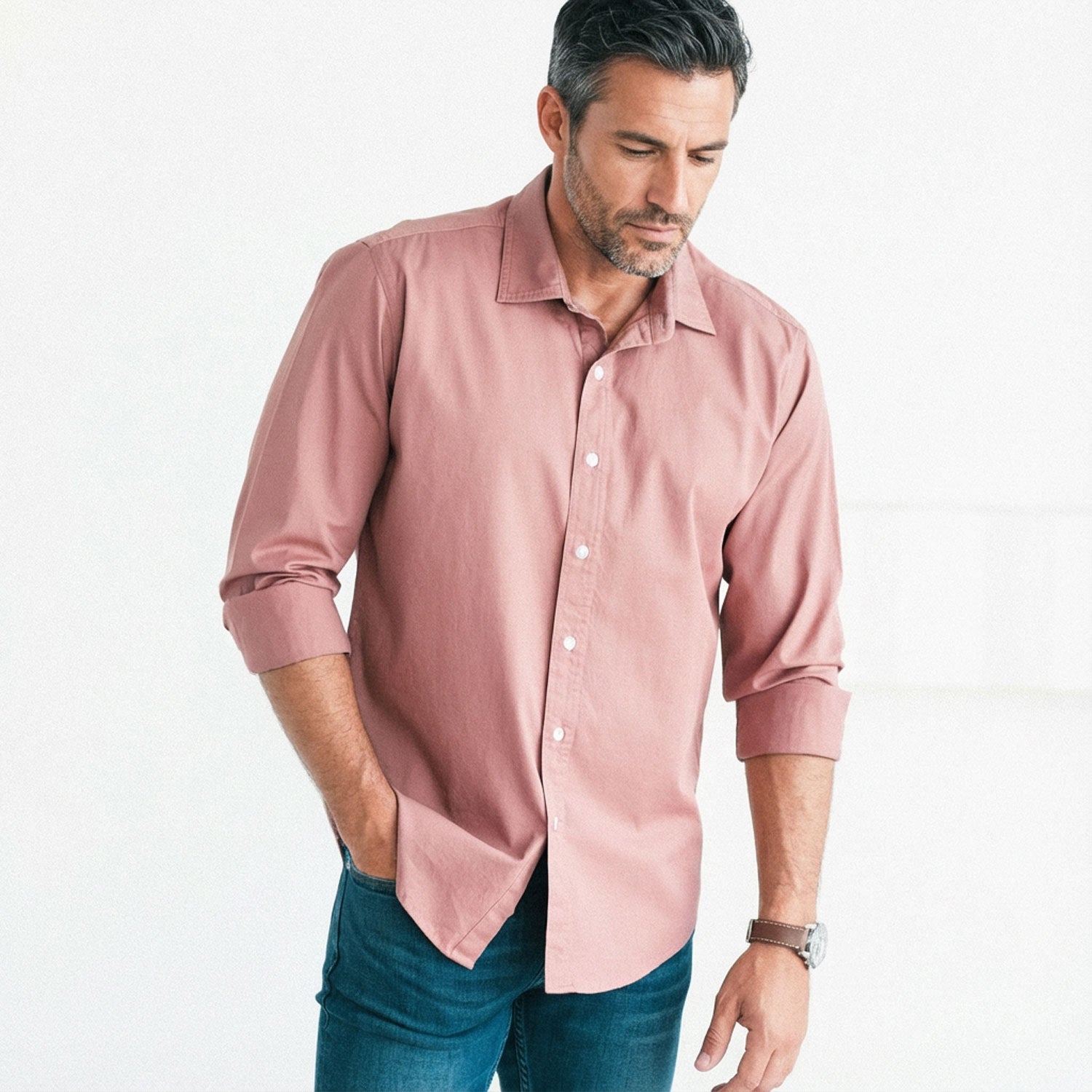 Essential Spread Collar Casual Shirt - Salmon Colored Cotton Twill