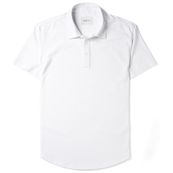 Essential Short Sleeve Curved Hem Polo Shirt –  Pure White Cotton Jersey