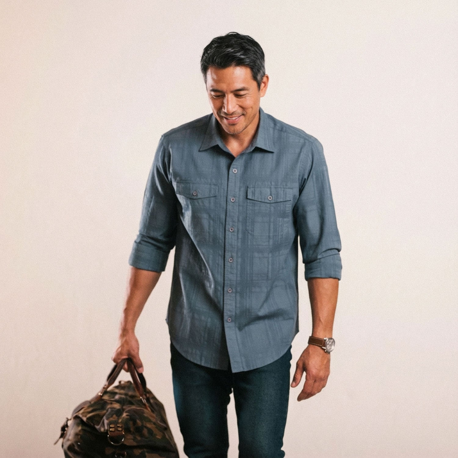 Davis Shadow Plaid Utility Shirt – Stone Blue Cotton