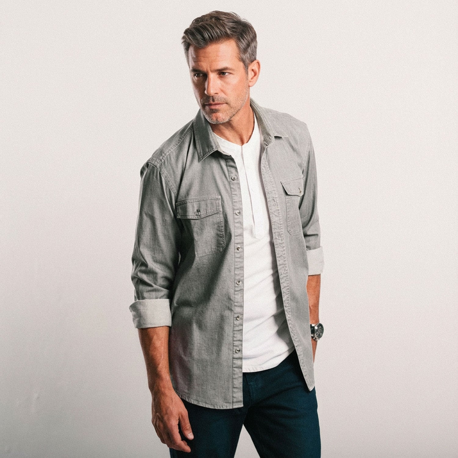 Men's Utility Shirt - Davis in Light Gray Twill Medium Men's Utility Shirt - Davis in Light Gray Twill Medium