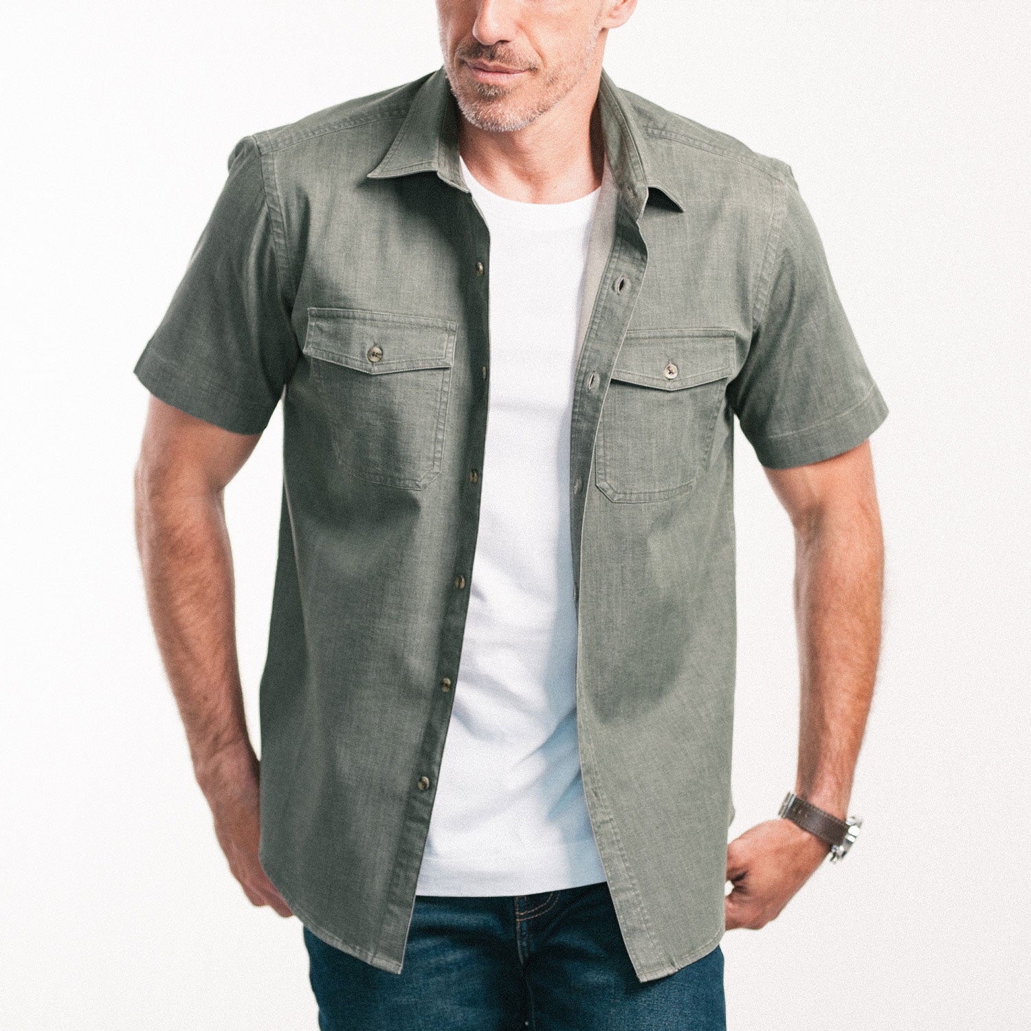 Davis Short Sleeve Utility Shirt – Sage Green Cotton Twill