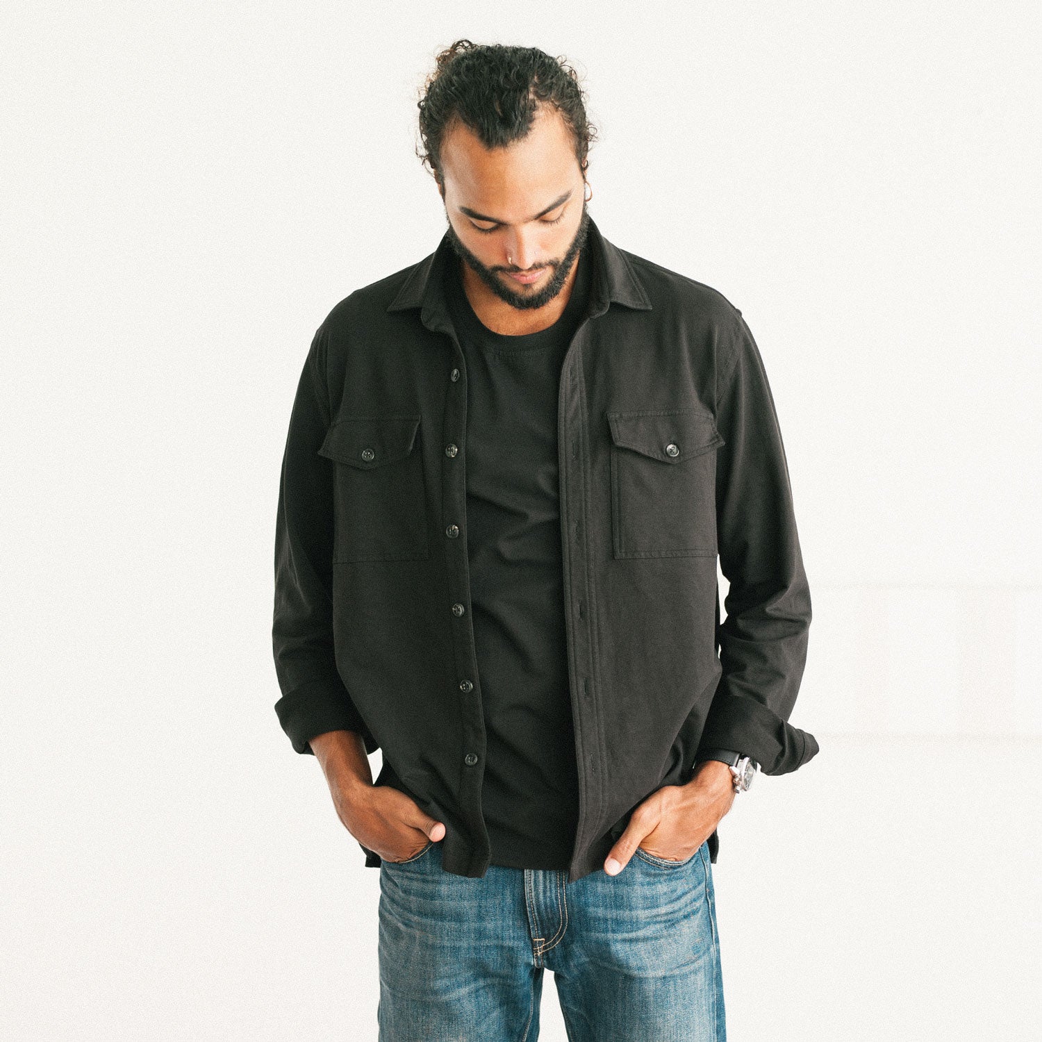 Men's Utility Button Down Over Shirt in Black French Terry Batch