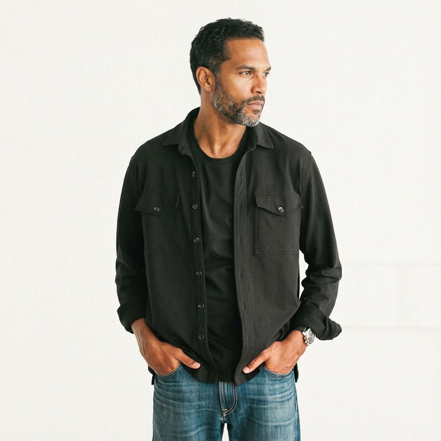 Men's Utility Button Down Over Shirt in Black French Terry X-Large Men's Utility Button Down Over Shirt in Black French Terry X-Large