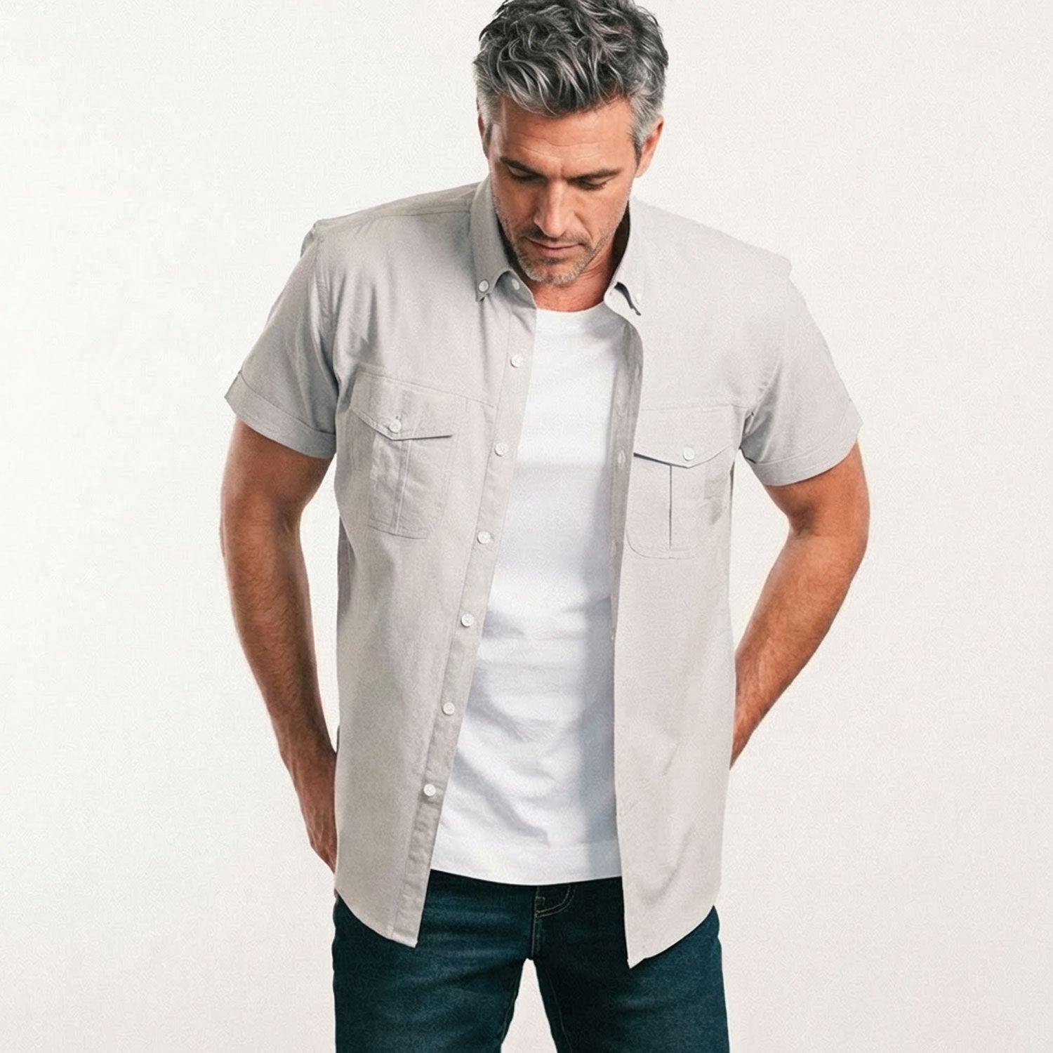 Editor Short Sleeve Utility Shirt – Aluminum Gray Oxford