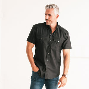 Editor Two Pocket Short Sleeve Men's Utility Shirt In Pure Black Mercerized Cotton On Body