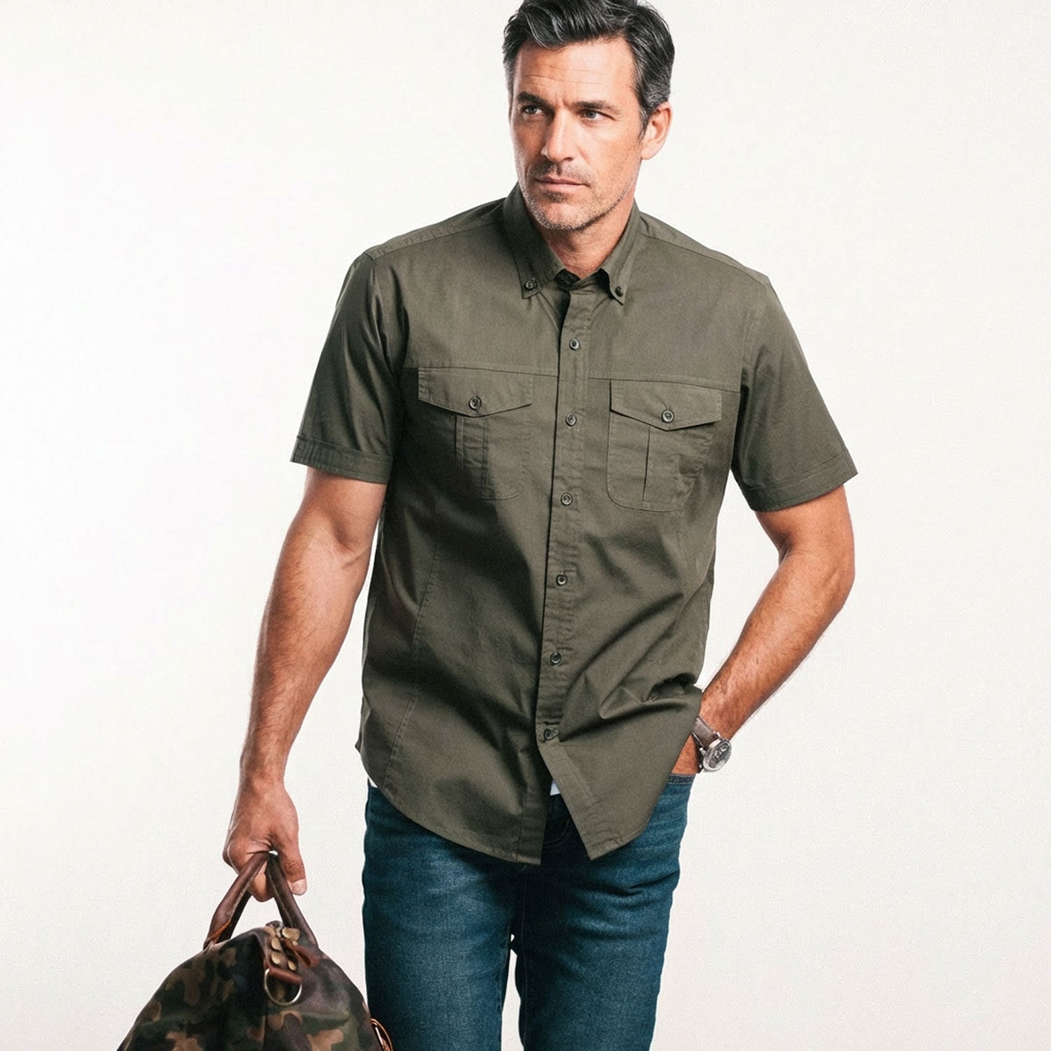 Men's Utility Shirt - Short Sleeve Editor in Fatigue Green | Batch