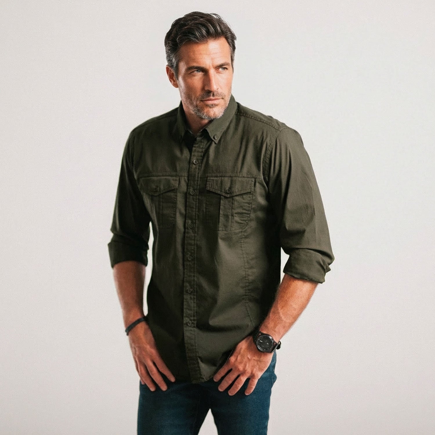 Editor Shirt – Olive Green Stretch Cotton Poplin