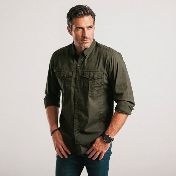 Editor Shirt – Olive Green Stretch Cotton Poplin