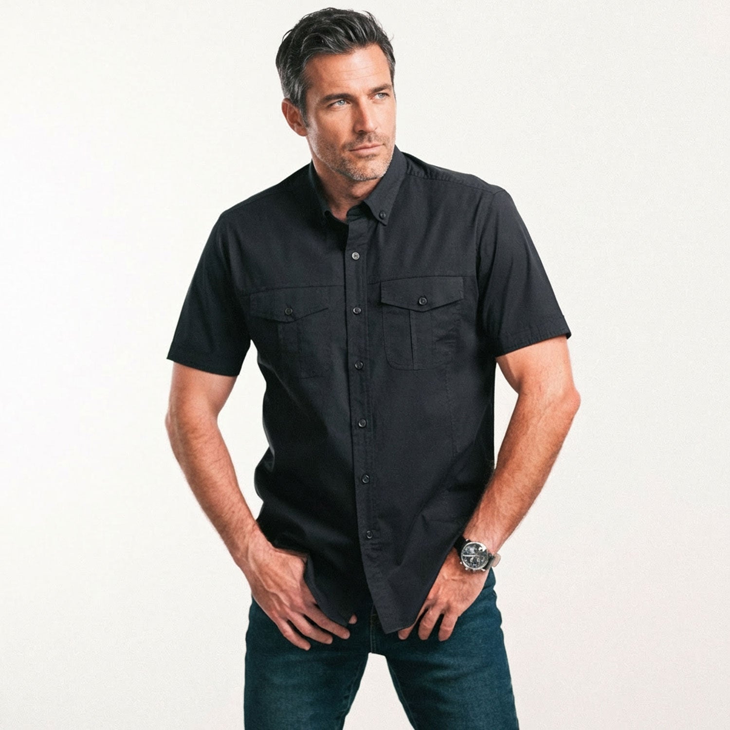 Editor Short Sleeve Utility Shirt – Pure Black Stretch Cotton Poplin