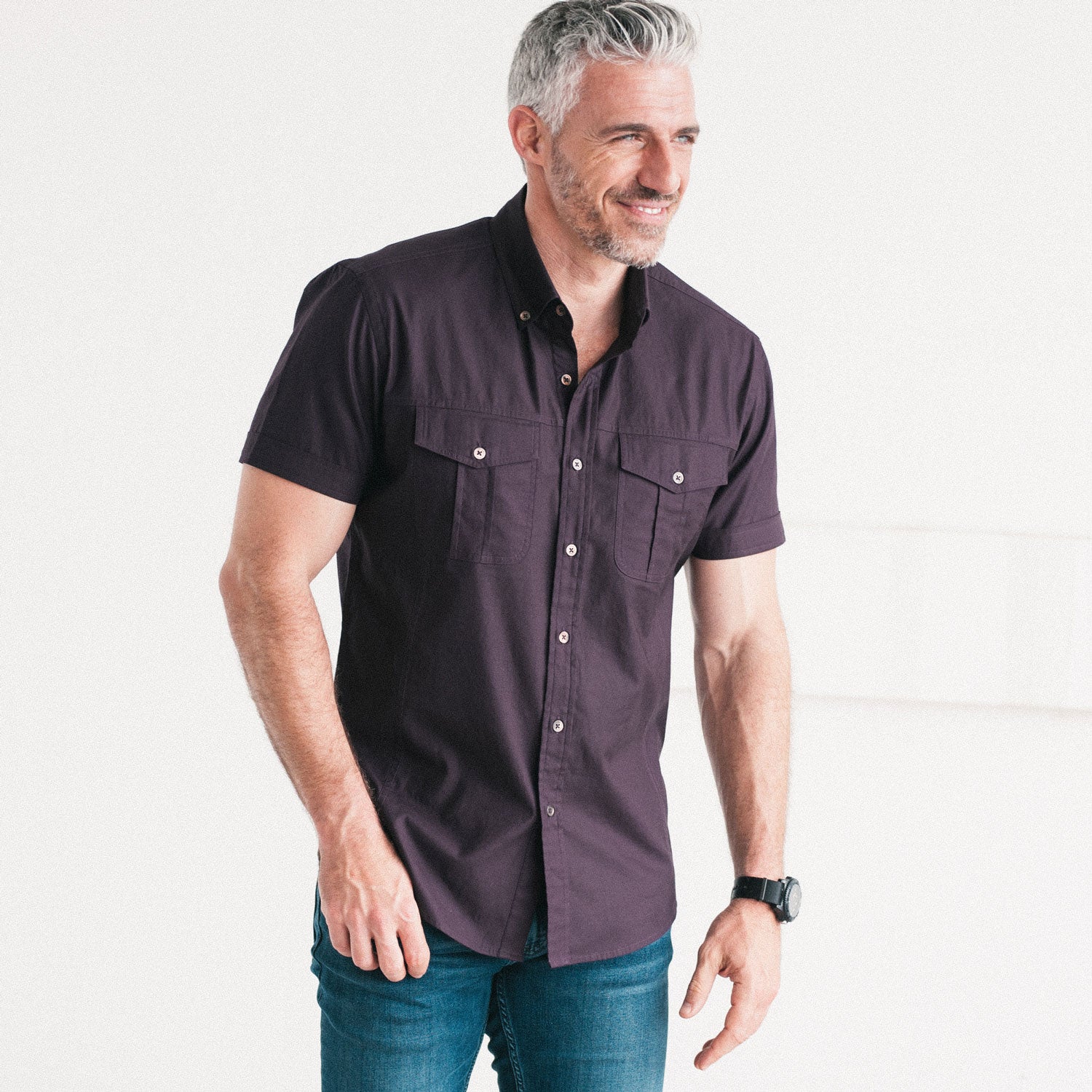 Men's Utility Shirt - Short Sleeve Editor in Dark Burgundy Medium | Large Men's Utility Shirt - Short Sleeve Editor in Dark Burgundy Medium | Large