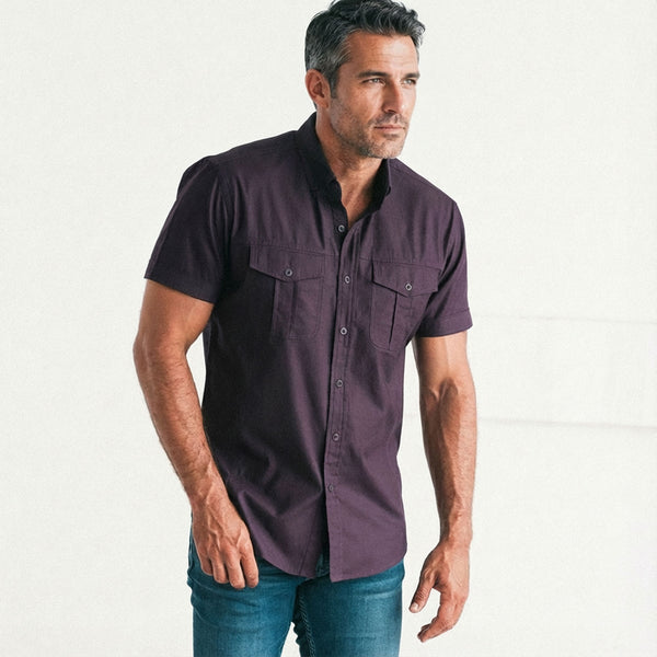Editor Short Sleeve Utility Shirt – Dark Burgundy Stretch Cotton Poplin
