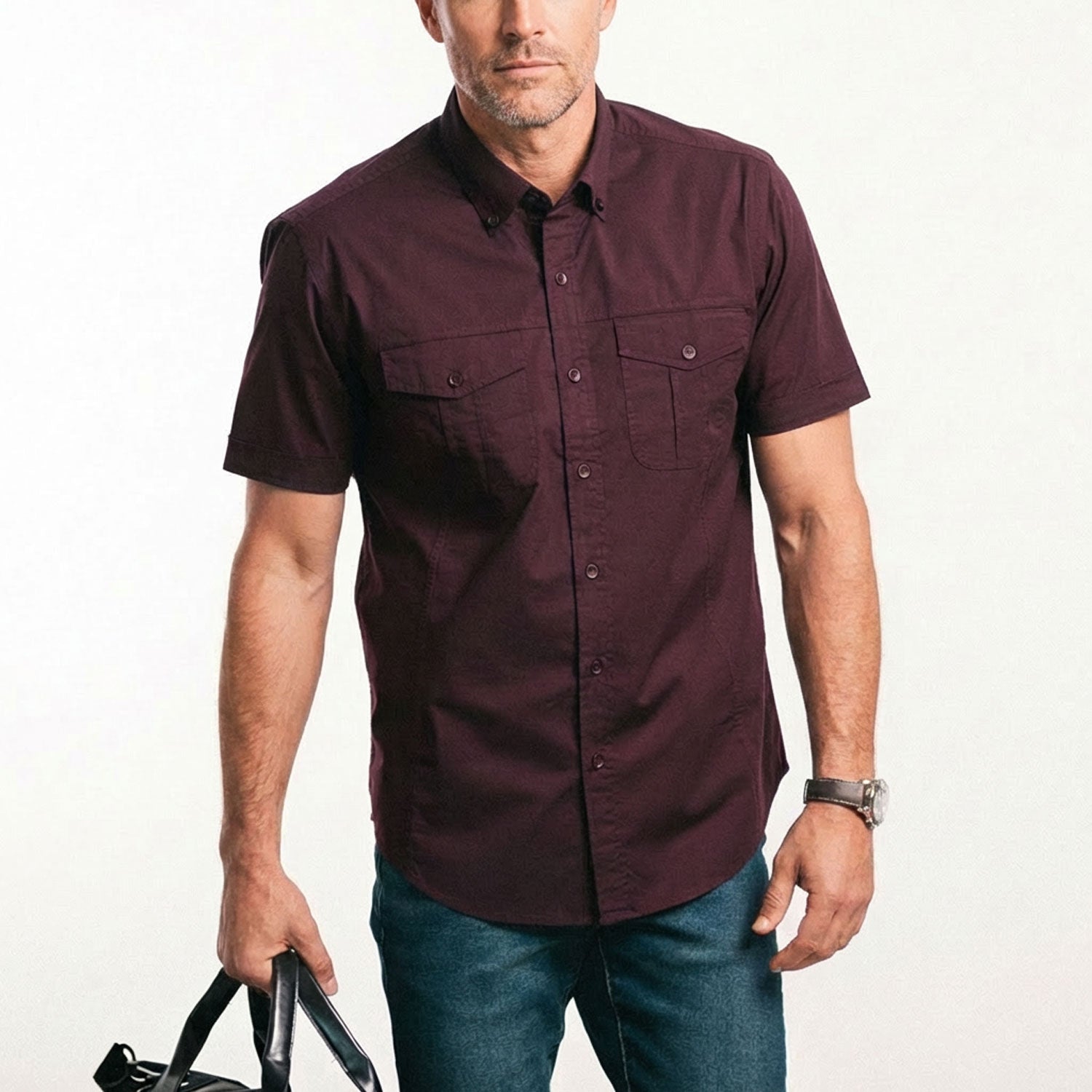 Editor Short Sleeve Utility Shirt – Dark Burgundy Stretch Cotton Poplin