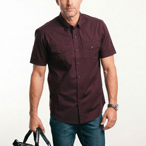 Editor Short Sleeve Utility Shirt – Dark Burgundy Stretch Cotton Poplin