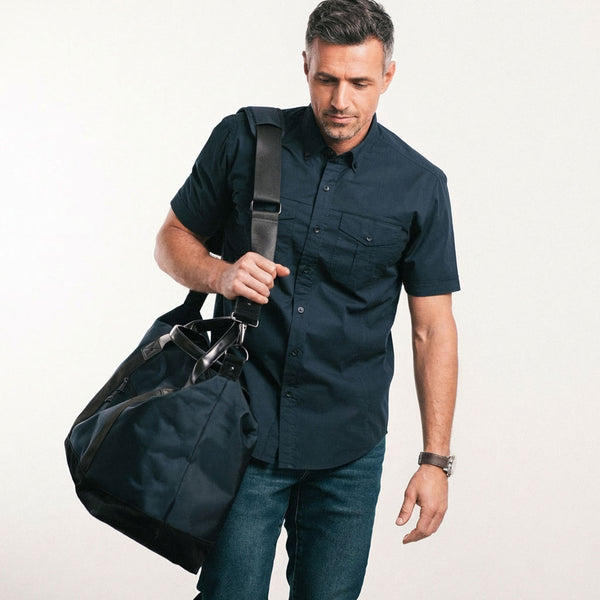 Editor Short Sleeve Utility Shirt – Dark Navy Stretch Cotton Poplin