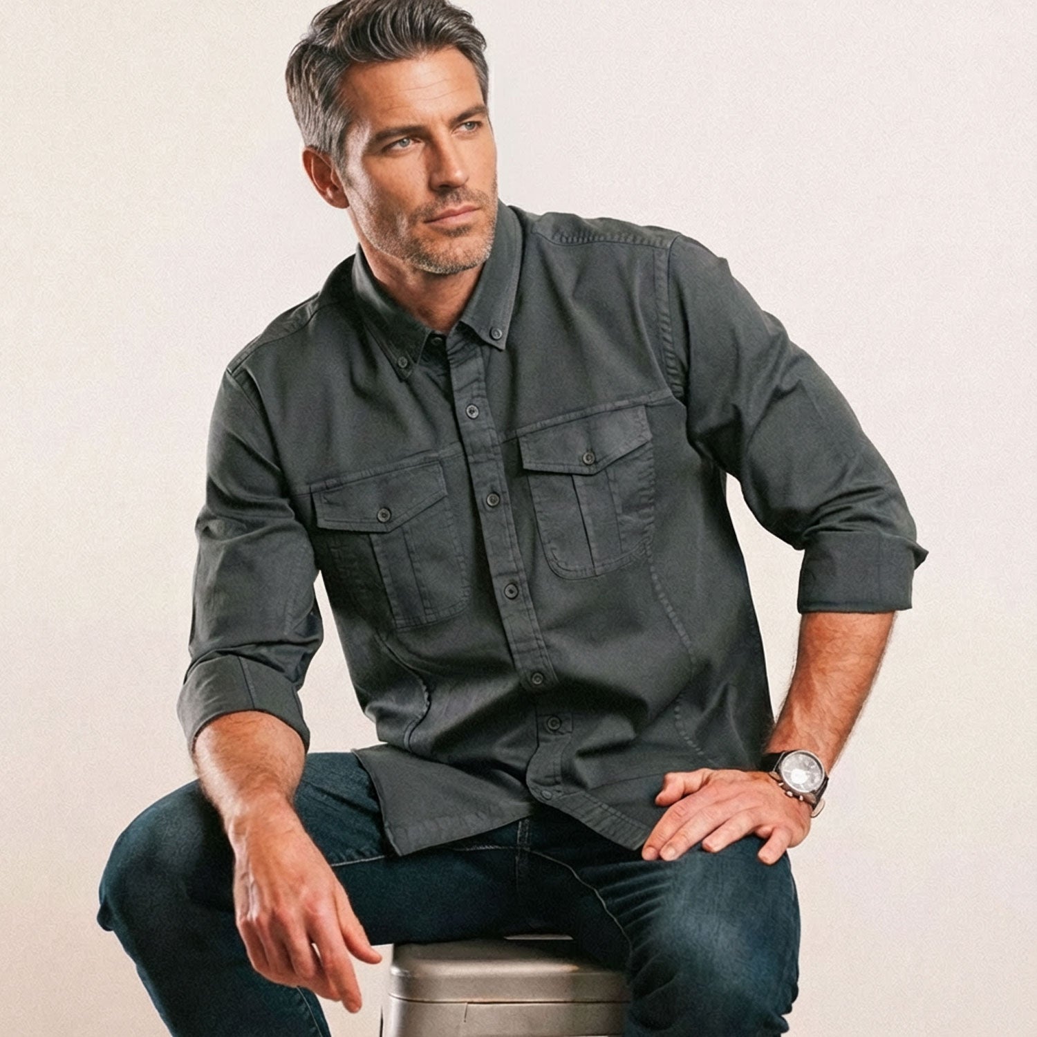 Editor Utility Shirt – Slate Gray Stretch Cotton Twill