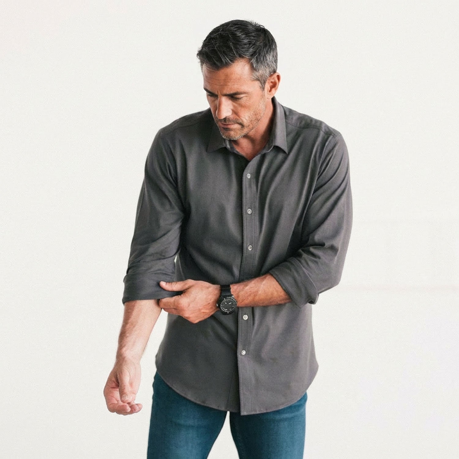Men's Casual Button Down Shirt in Gray Cotton Jersey XX-Large