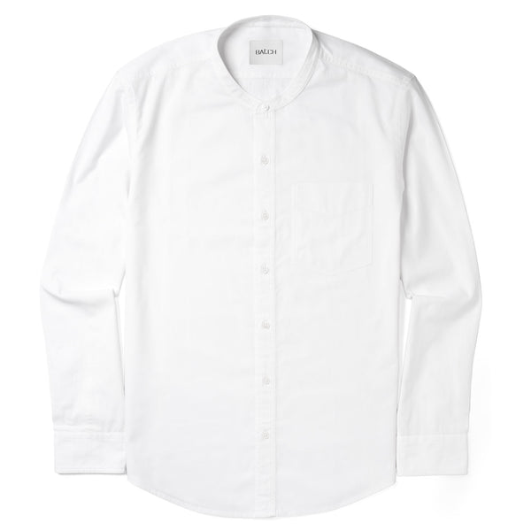 Essential Band Collar 1 Pocket Button Down Shirt - Pure White Cotton Twill