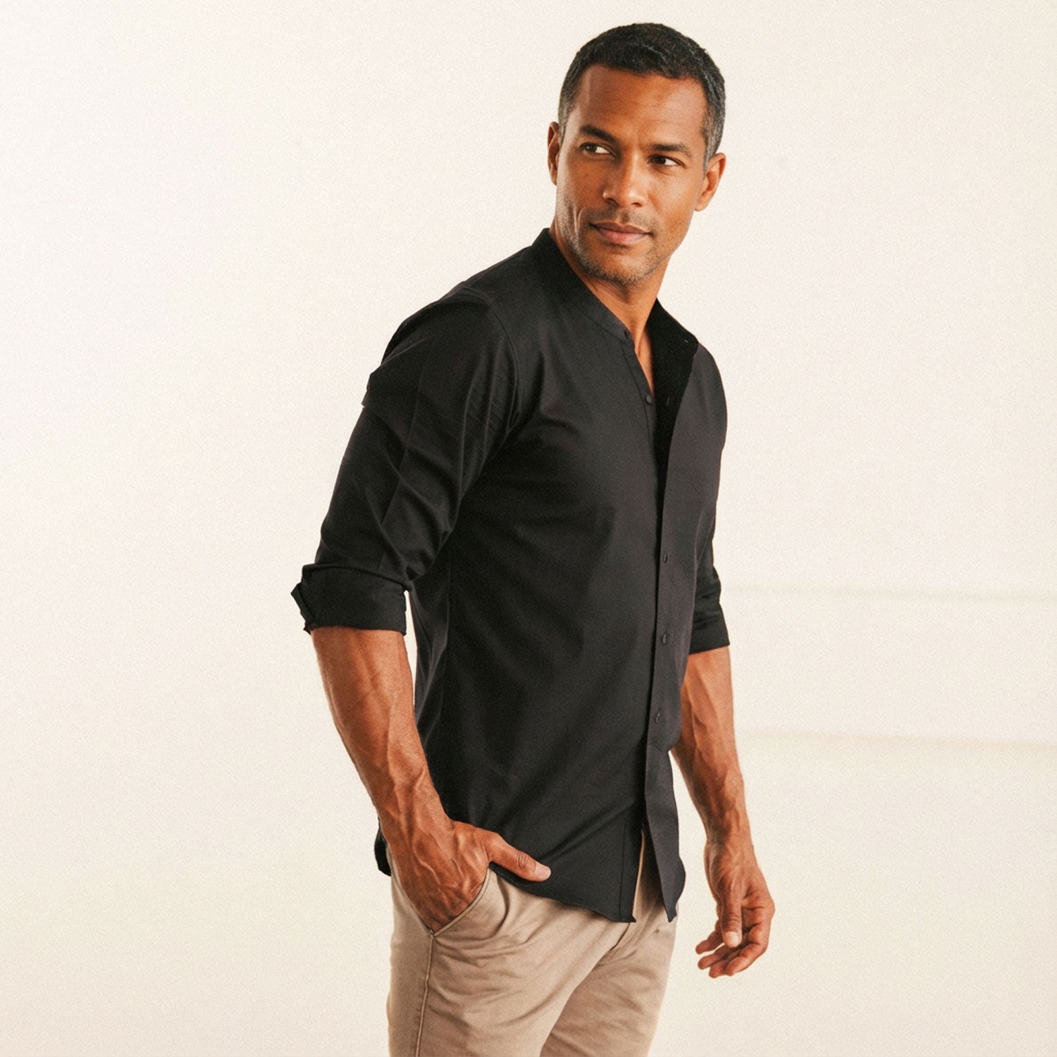 Essential Band Collar Button Down Shirt - Black Cotton Twill