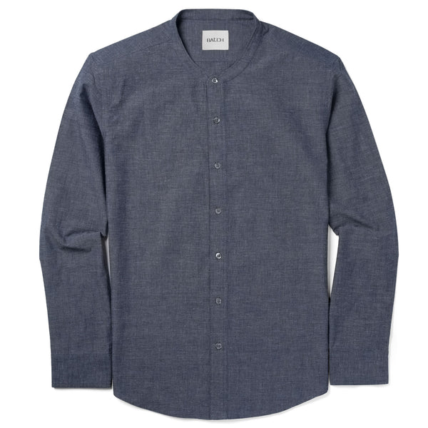 Essential Band Collar Button Down Shirt - Navy Cotton End-on-end
