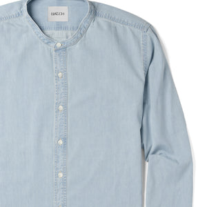 Essential Band Collar Button Down Shirt - Light Blue Cotton Denim