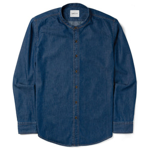Essential Band Collar Button Down Shirt - Medium Blue Cotton Denim