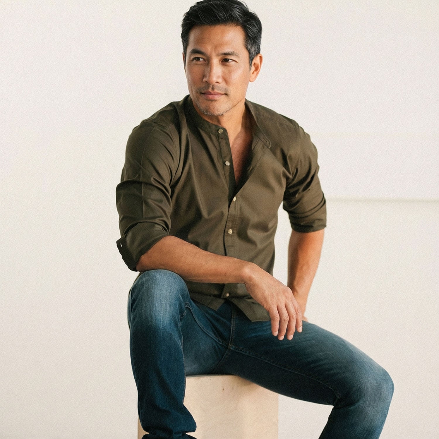 Essential Band Collar Button Down Shirt - Olive Green Cotton Twill