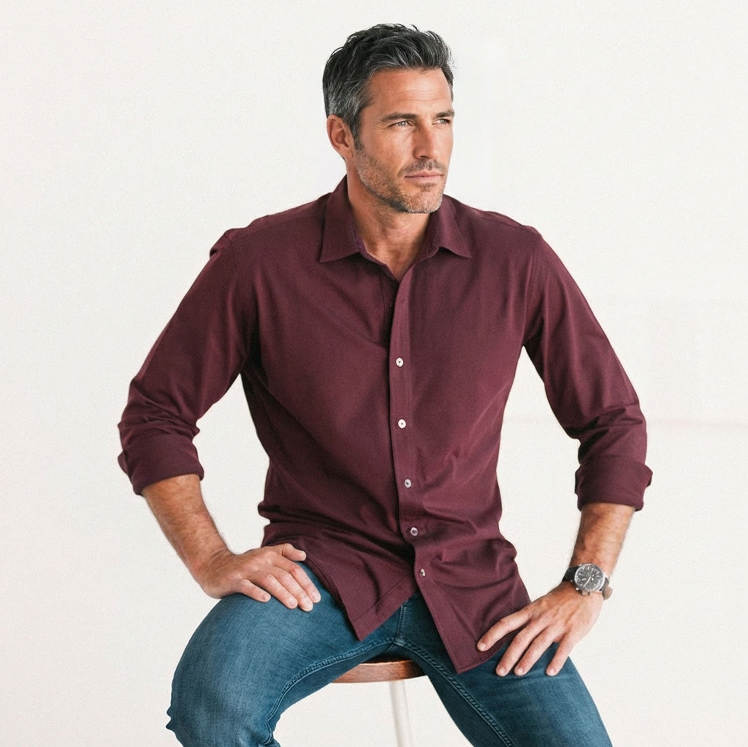 Men's Casual Button Down Shirt in Burgundy Cotton Jersey Medium - Tall Men's Casual Button Down Shirt in Burgundy Cotton Jersey Medium - Tall