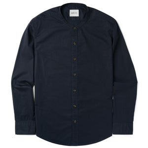 Essential Band Collar Button Down Shirt - Dark Navy Cotton Stretch Poplin