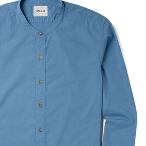 Essential Band Collar Button Down Shirt - Steel Blue Cotton Stretch Poplin