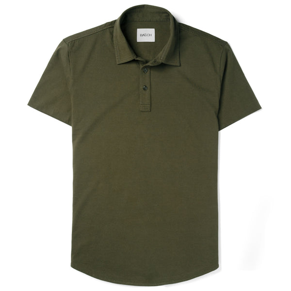 Essential Short Sleeve Curved Hem Polo Shirt –  Olive Green Cotton Jersey