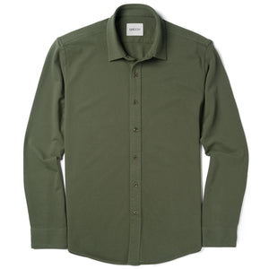 Essential Spread Collar Casual Knit Shirt - Olive Green Cotton Knit Pique