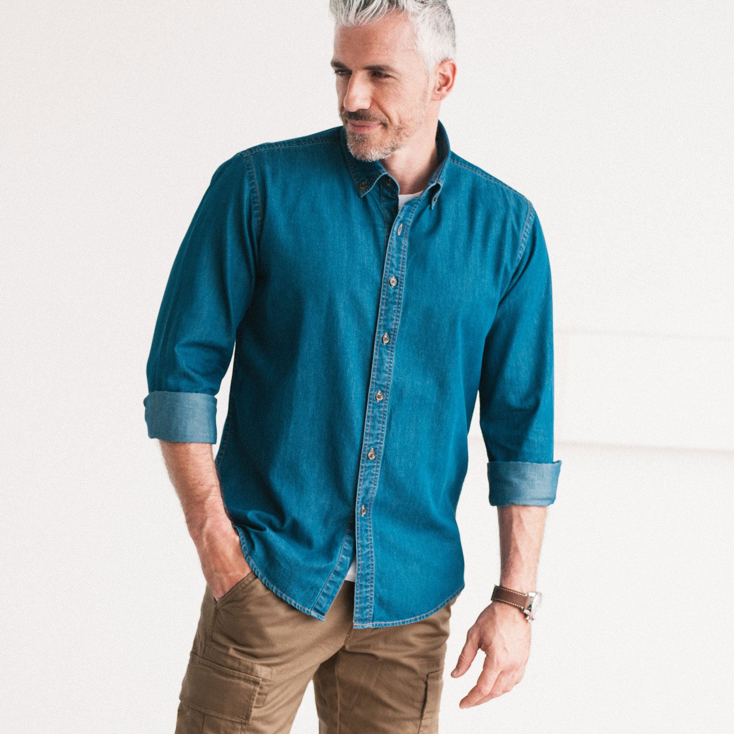 Men's Casual Button Down Shirt in Medium Blue Cotton Denim Medium Men's Casual Button Down Shirt in Medium Blue Cotton Denim Medium
