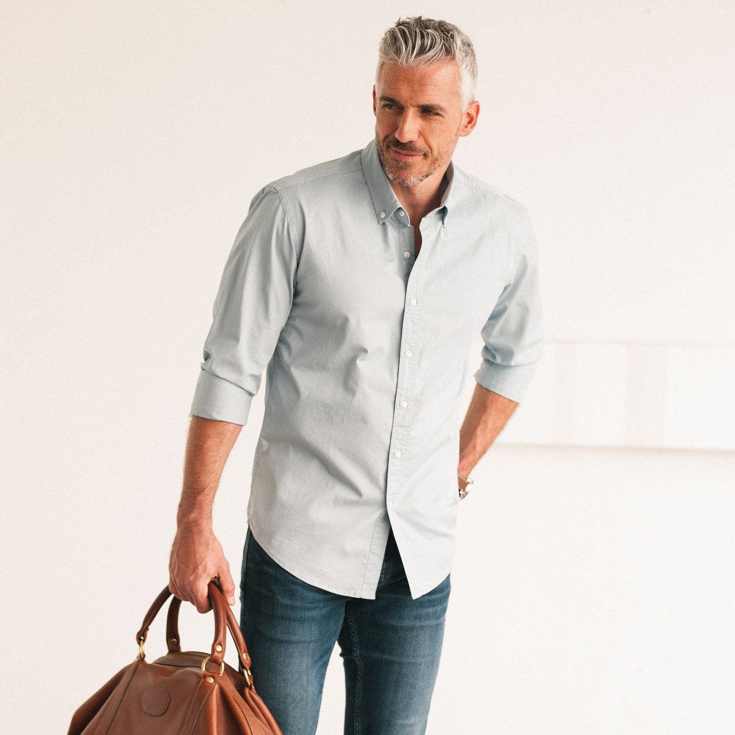 Men's Casual Button Down Shirt in Light Blue Cotton Twill Medium Men's Casual Button Down Shirt in Light Blue Cotton Twill Medium