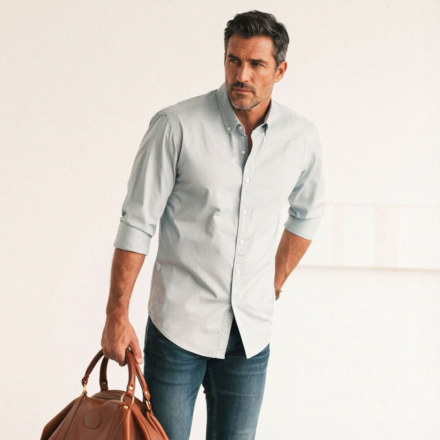 Essential Button Down Collar Casual Shirt - Cloud Blue Stretch Cotton Poplin