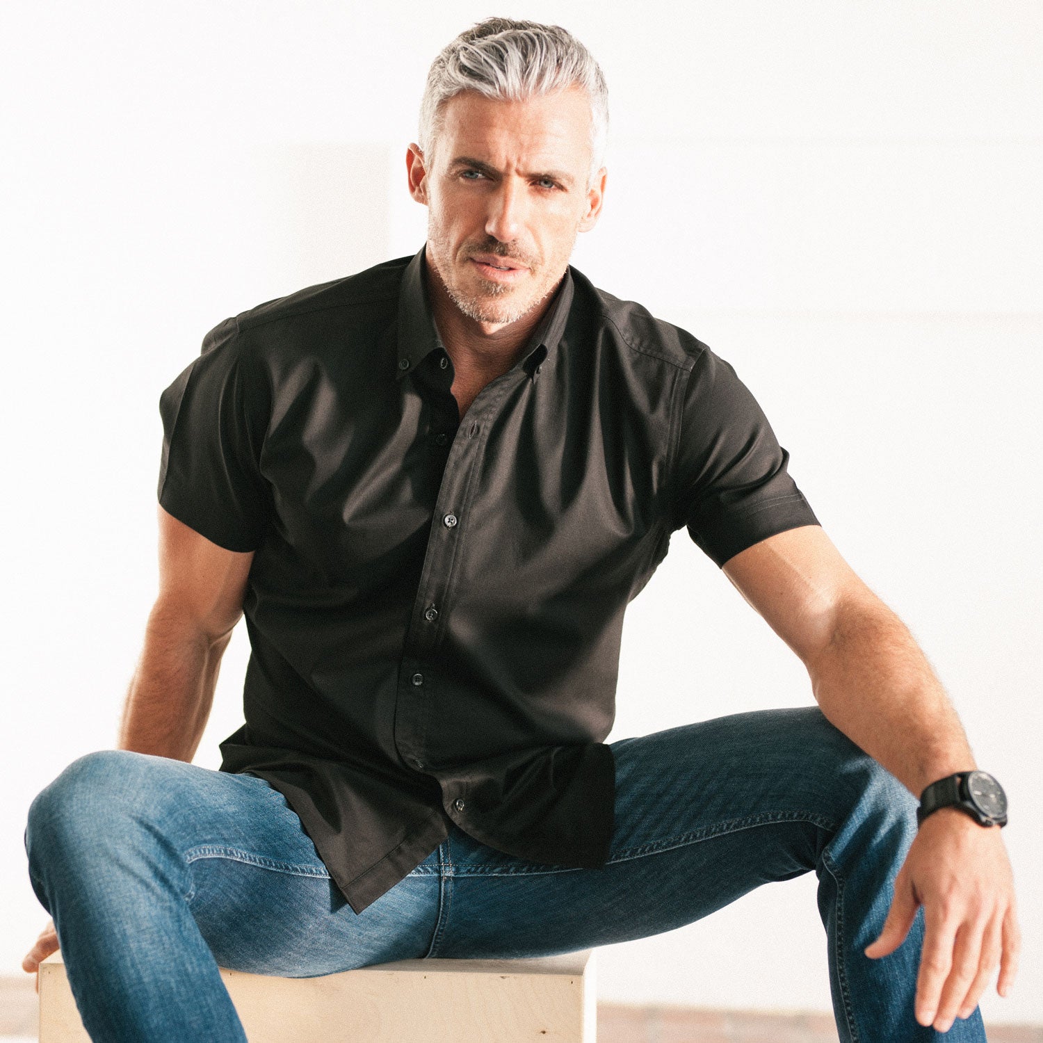 Essential Button Down Collar Casual Short Sleeve Shirt - Jet Black Cotton Twill