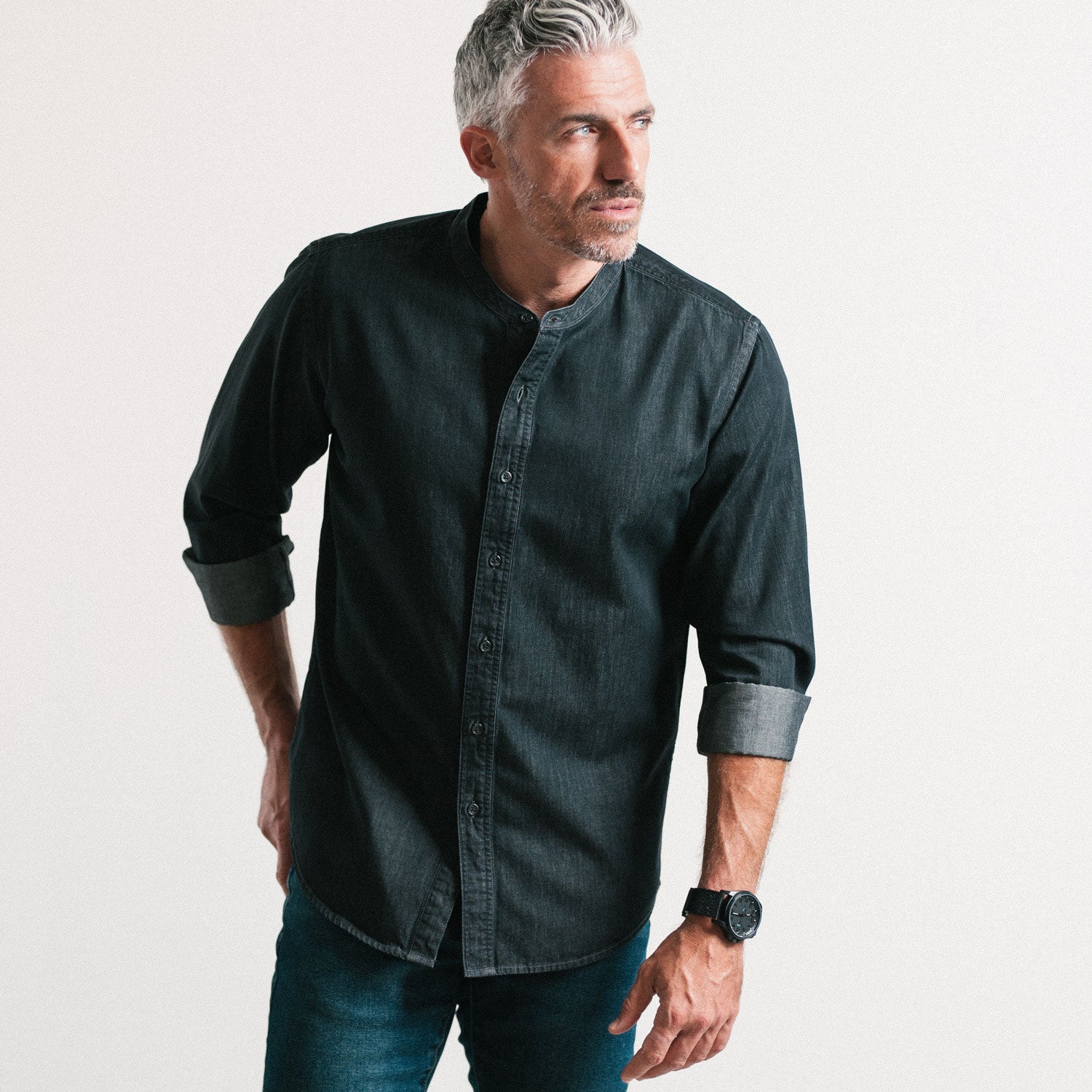 Essential Band Collar Button Down Shirt Black Cotton Denim