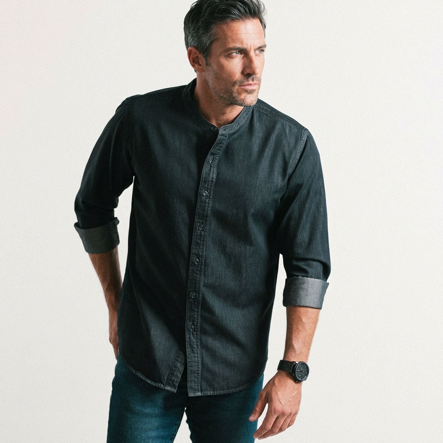 Essential Band Collar Button Down Shirt - Black Cotton Denim