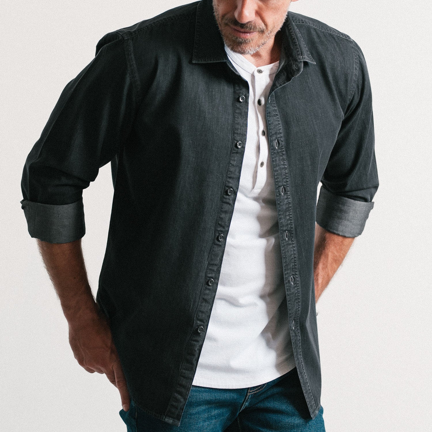 Men's Casual Button Down Shirt in Black Denim Batch