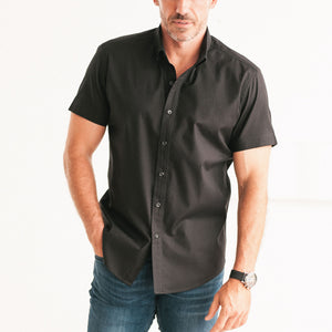 Batch Men's Essential Casual Short Sleeve Shirt - Jet Black Cotton Twill Image On Body