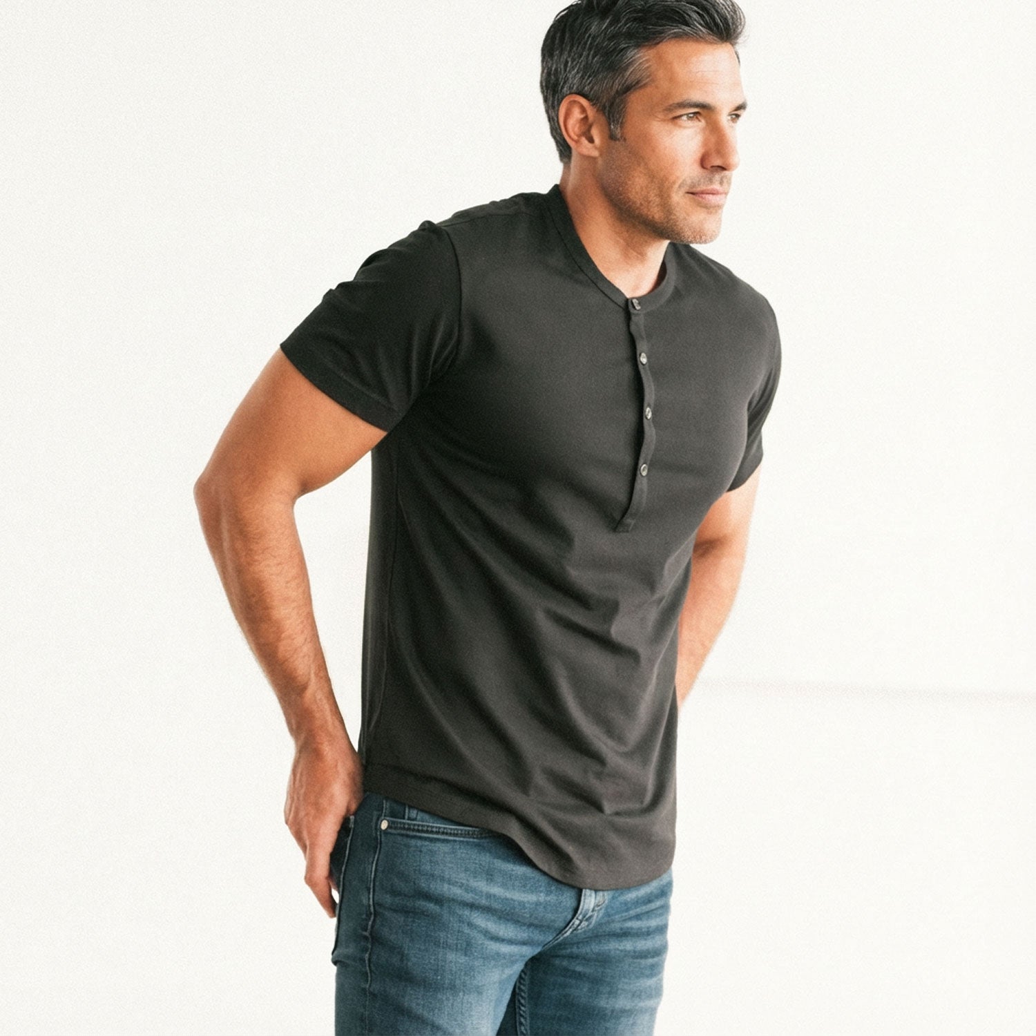 Essential Short Sleeve Curved Hem Henley –  Black Cotton Jersey
