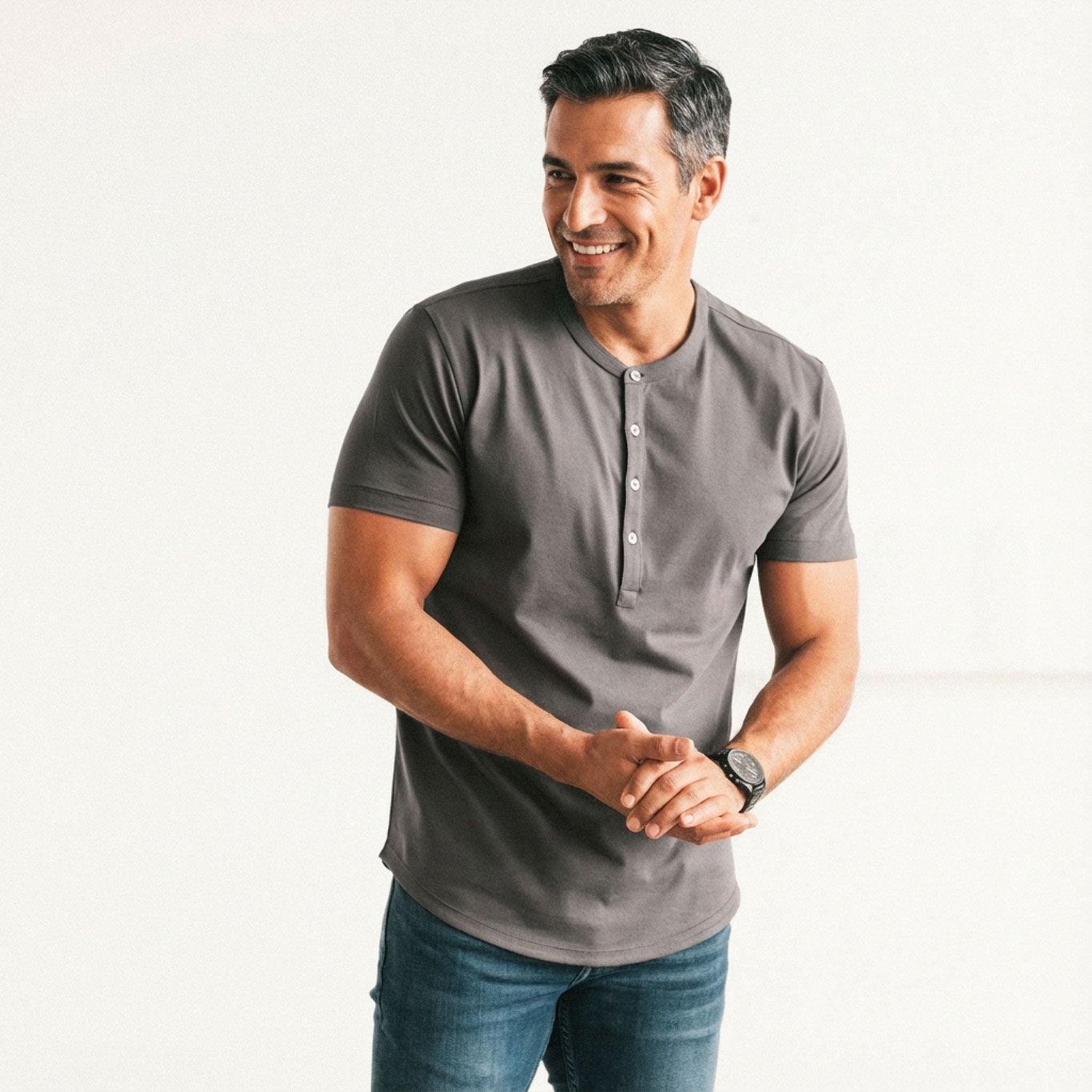 Essential Short Sleeve Curved Hem Henley –  Slate Gray Cotton Jersey