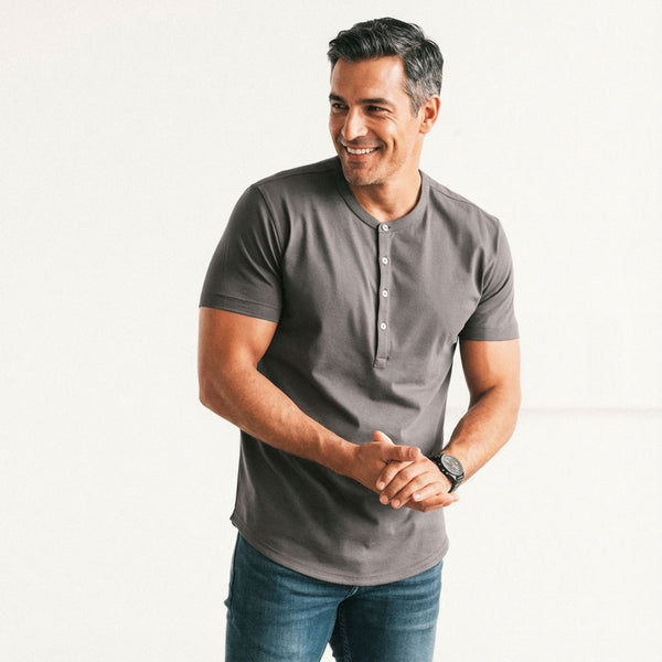 Essential Short Sleeve Curved Hem Henley –  Slate Gray Cotton Jersey