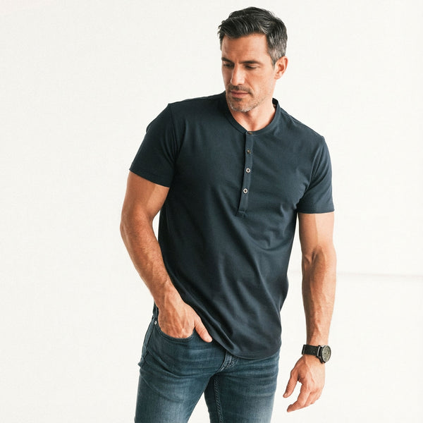 Essential Short Sleeve Curved Hem Henley –  Navy Cotton Jersey