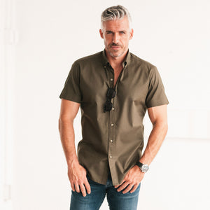 Batch Men's Essential Casual Short Sleeve Shirt - Olive Green Cotton Twill Image On Body